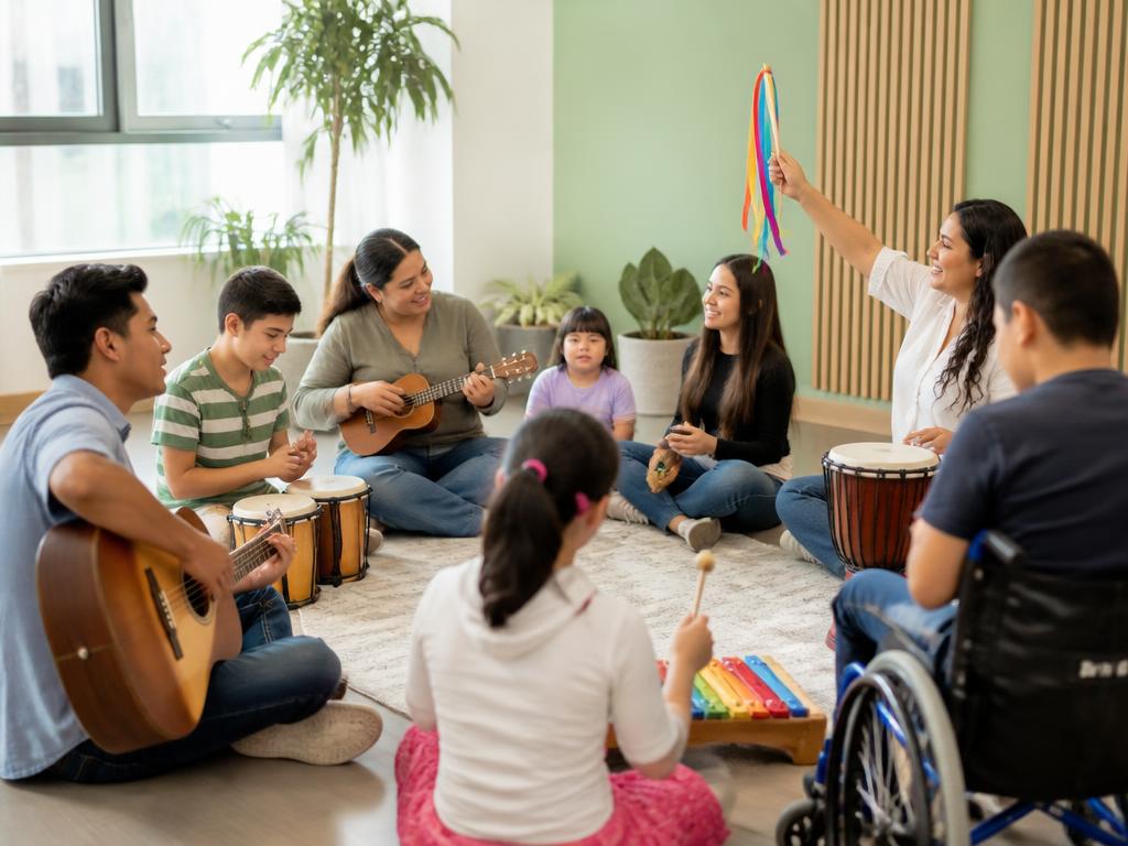 Sesión grupal de musicoterapia con instrumentos, guitarra y percusión en un círculo inclusivo