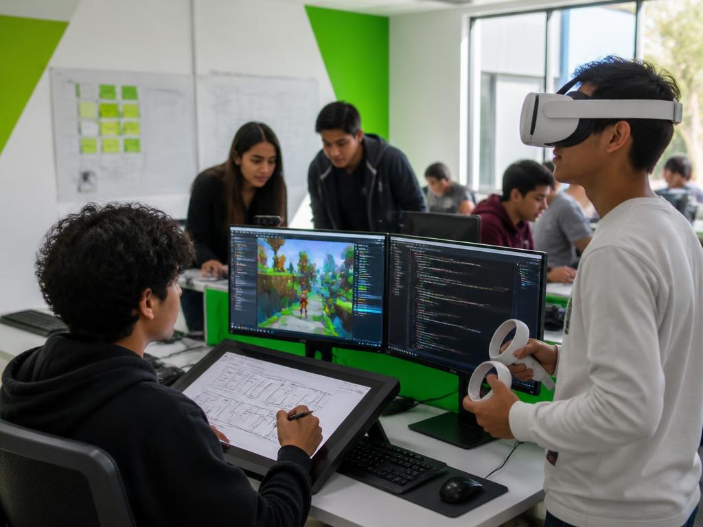 Jóvenes desarrollando videojuegos, realidad virtual y aplicaciones web en un taller tecnológico