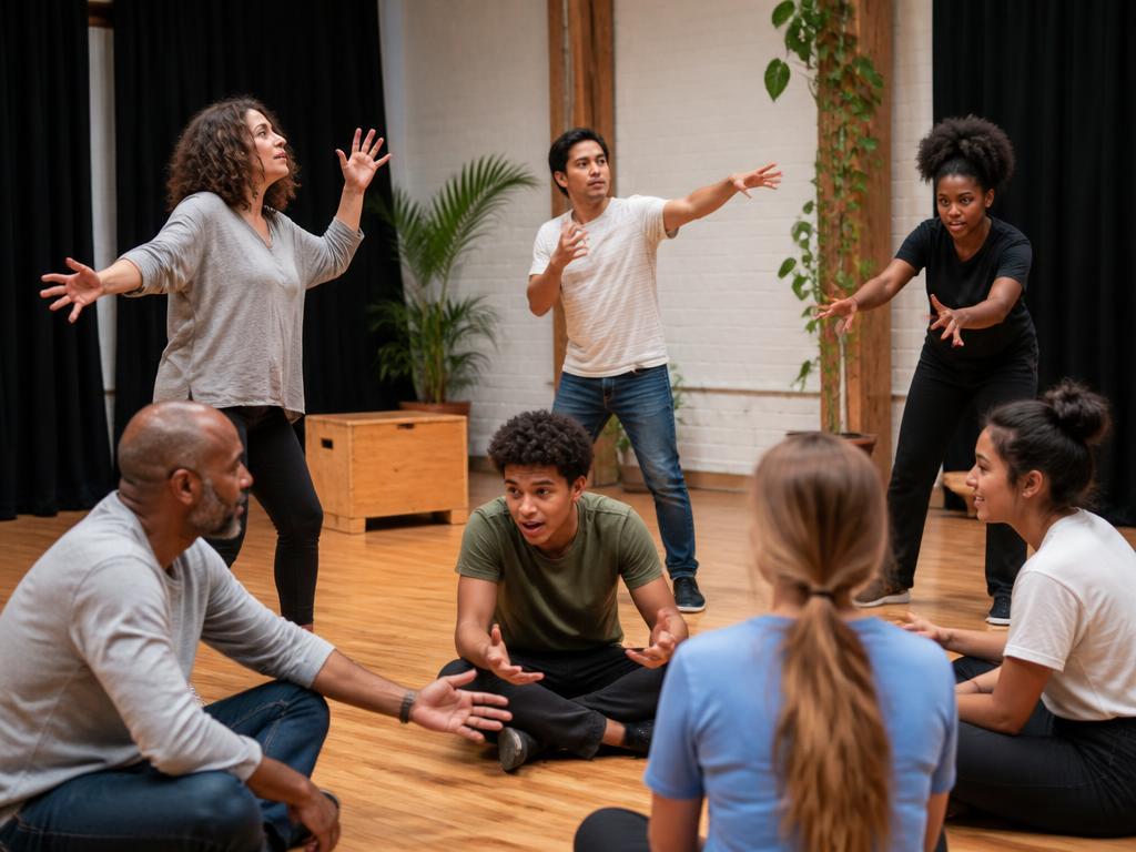 Grupo de personas actuando e improvisando en un taller de teatro