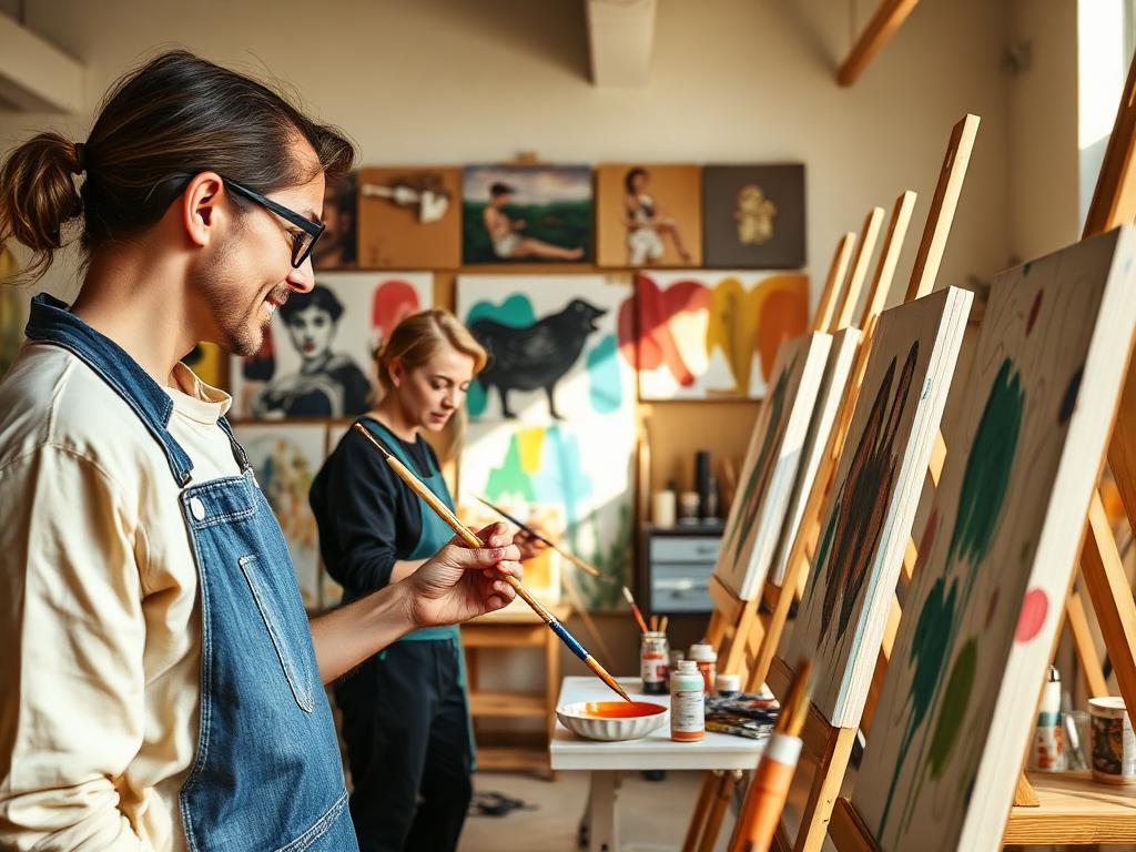 Personas pintando en caballetes durante un taller de arteterapia