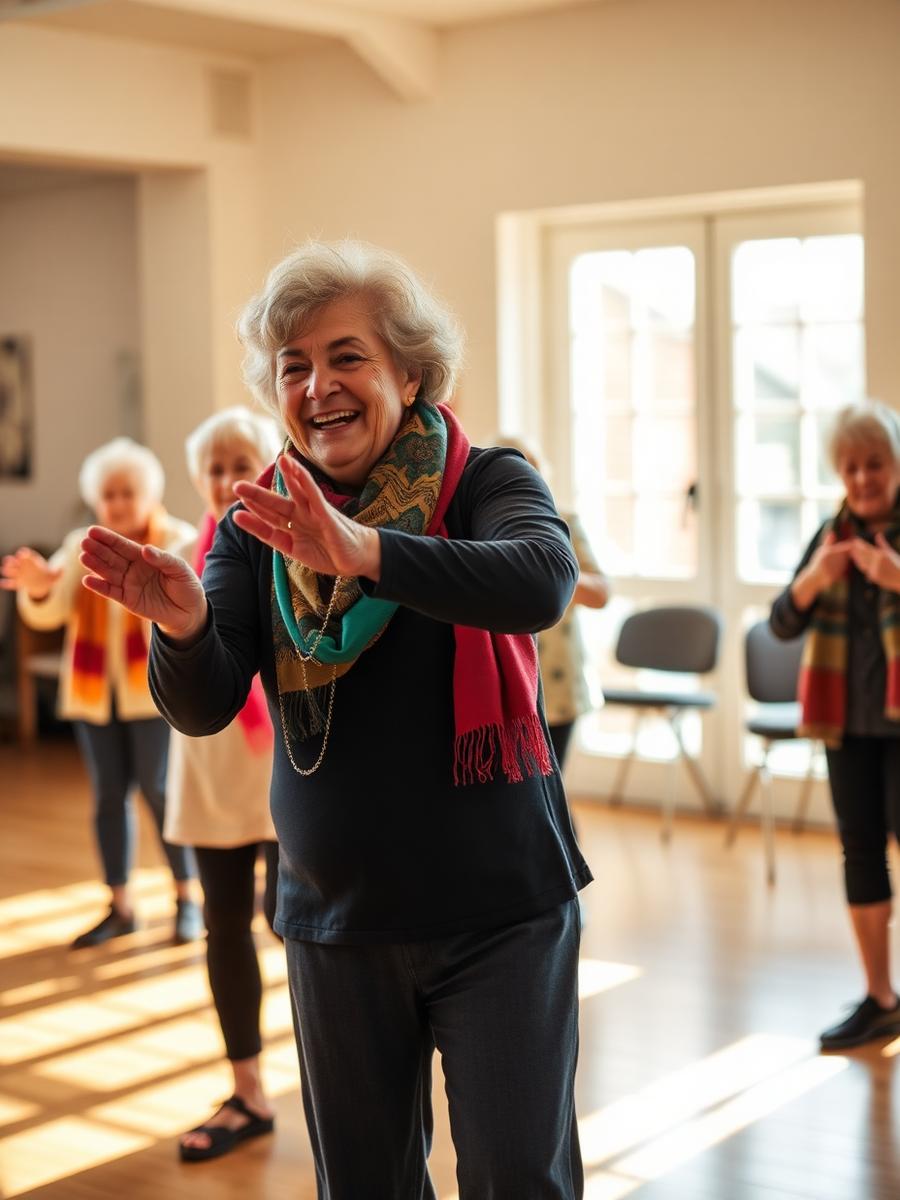 Adultos mayores en una actividad recreativa con mascadas de colores