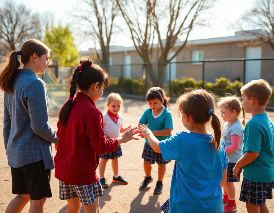 Niños de escuela en una dinámica cooperativa en el patio