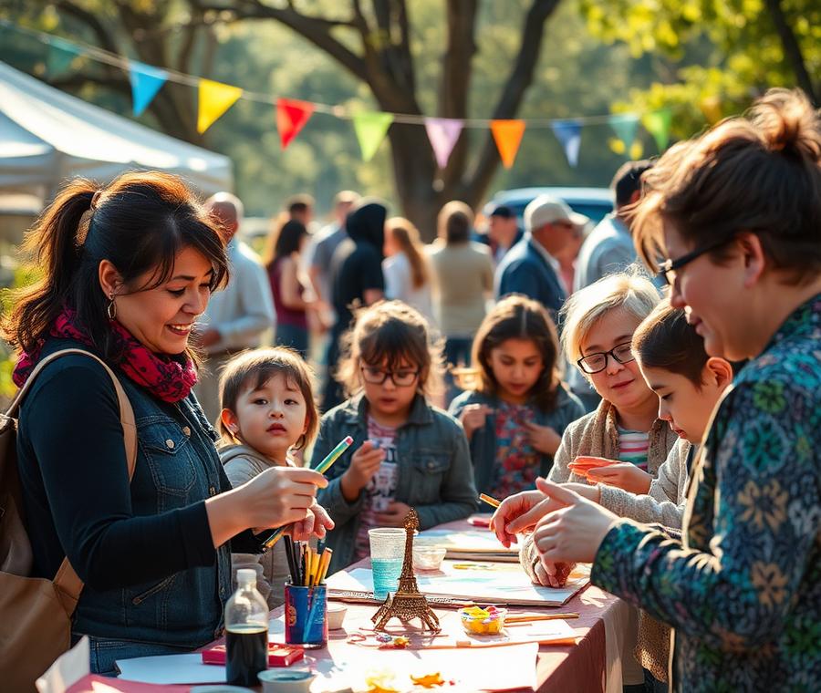 Evento comunitario con familias en actividades artísticas