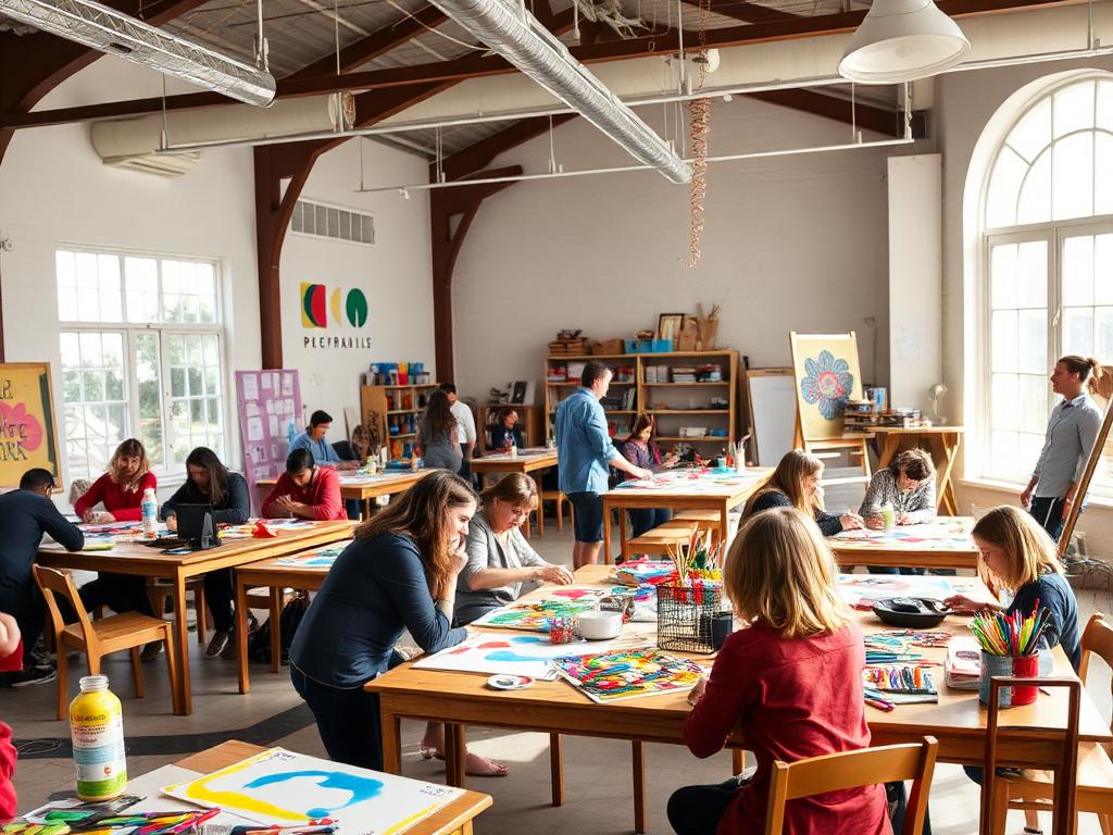 Taller de artes plásticas con personas pintando en mesas amplias
