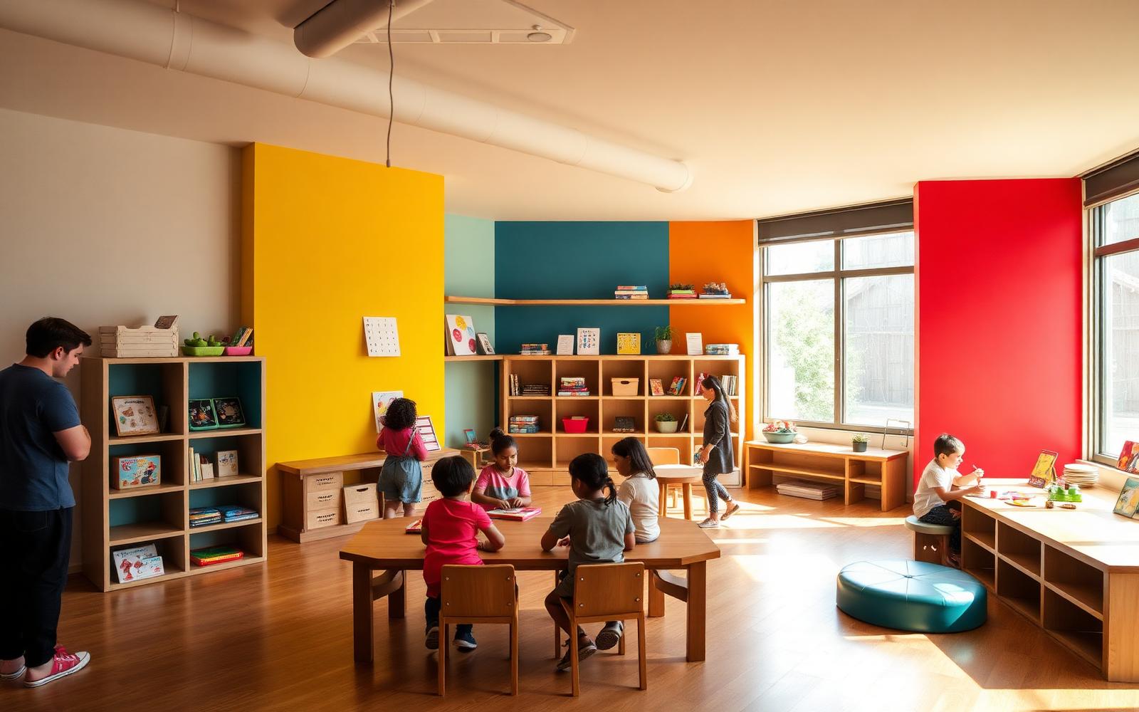 Centro Ludotec con niños jugando y aprendiendo en un espacio luminoso