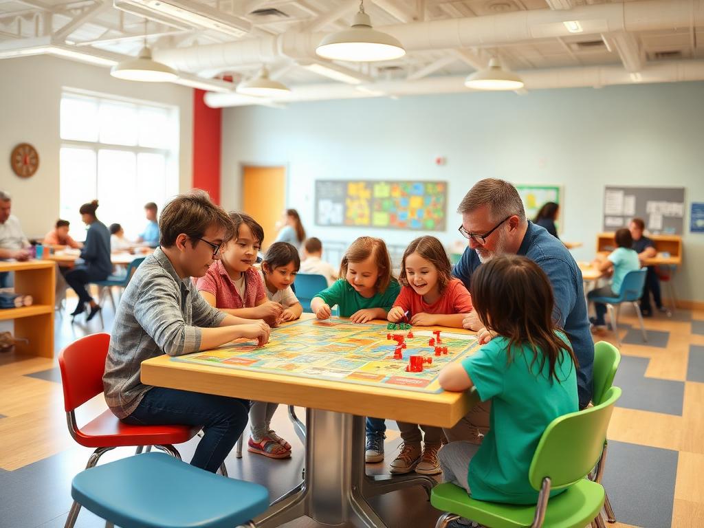 Familias y niños jugando juegos de mesa en una ludoteca luminosa