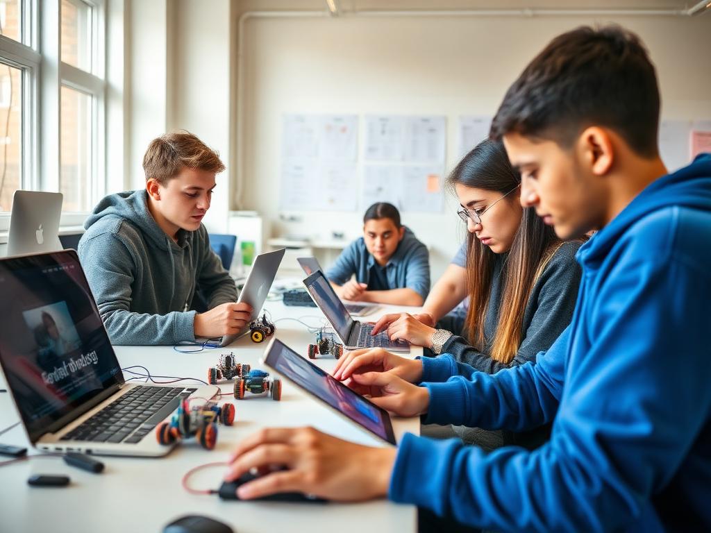 Jóvenes trabajando con laptops y kits de robótica en un aula