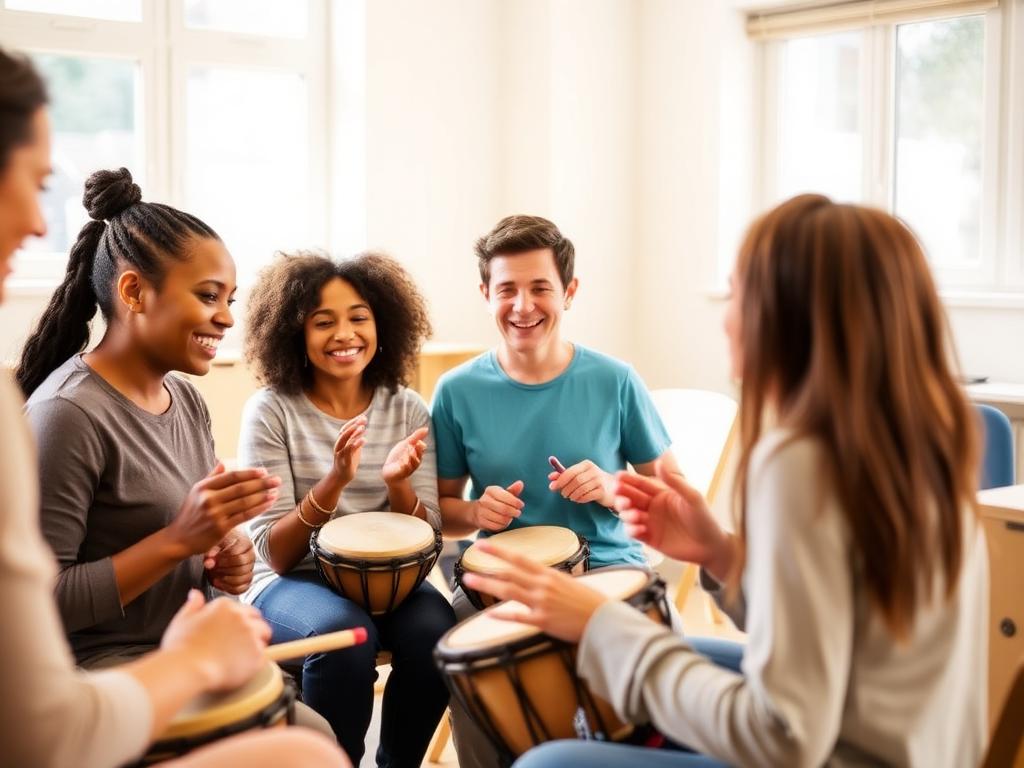 Grupo de personas tocando instrumentos de percusión en una sesión de musicoterapia