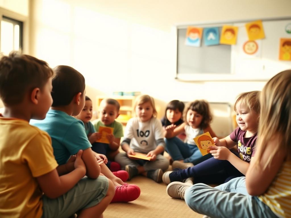 Niños en círculo compartiendo emociones con tarjetas ilustradas